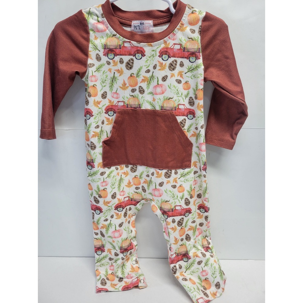 Pete + Lucy Kids Harvest Red Truck Pumpkin‎ Fall Romper Rust 6-9M